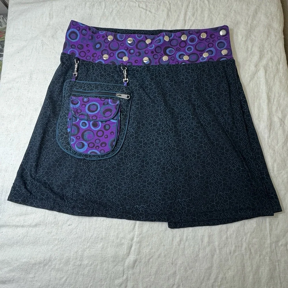 Womens Festival Wrap Around Reversible Mini Skirt Purple Boho Hippy Artsy Grunge